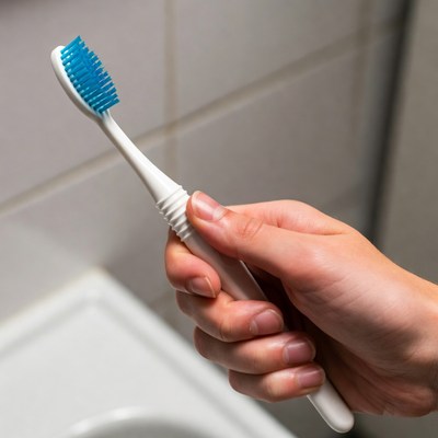 Holding a toothbrush in the bathroom