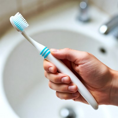 Holding a toothbrush in bathroom