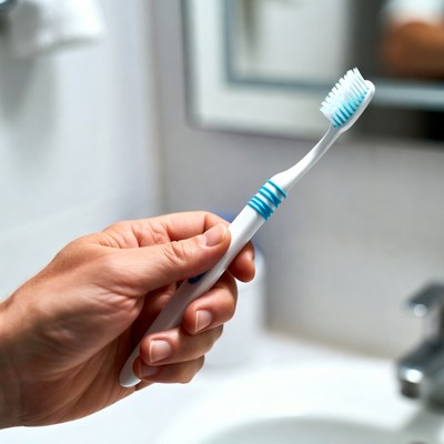 Hand holding a toothbrush in bathroom