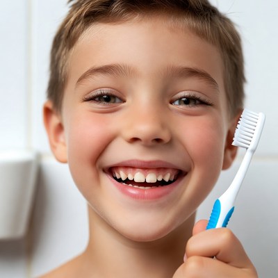 Smiling boy brushing teeth in bathroom