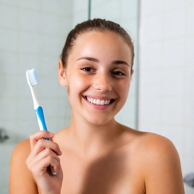 Smiling girl in bathroom with toothbrush