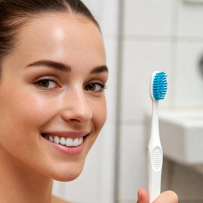 Smiling girl with toothbrush in bathroom