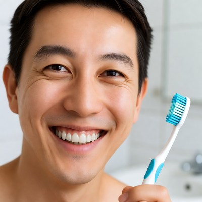 Smiling man with toothbrush in bathroom