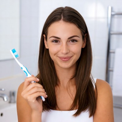Smiling woman with toothbrush in bathroom