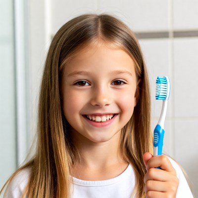 Happy girl brushing her teeth