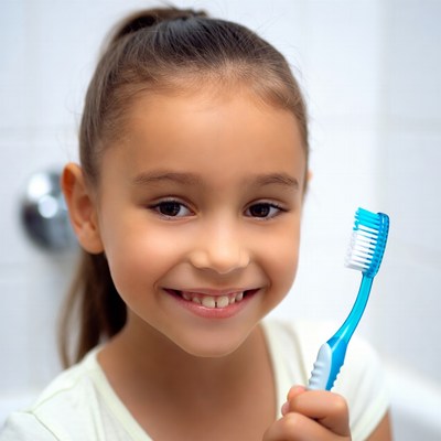 Child smiling while brushing teeth