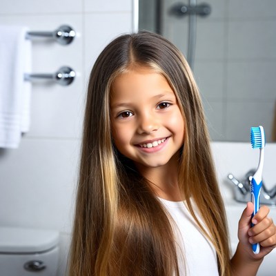 Girl smiling with toothbrush in bathroom