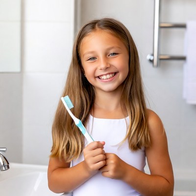 Child smiling with toothbrush in bathroom