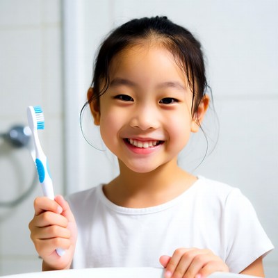 Child smiling while holding toothbrush