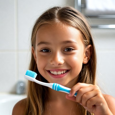 Smiling girl brushing her teeth