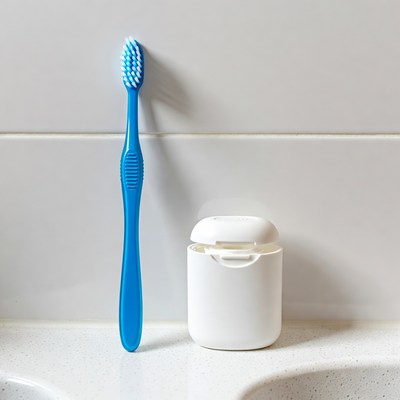 Daily dental care essentials on counter