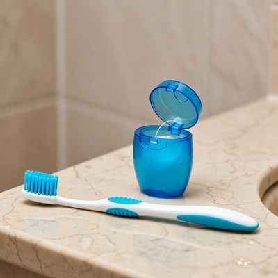 Toothbrush and floss in bathroom