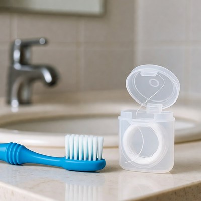Daily dental care essentials on bathroom counter