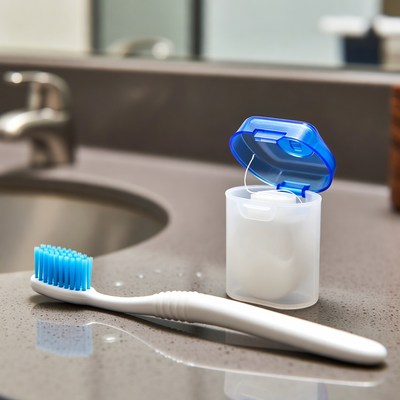 Dental tools on bathroom countertop