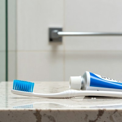Toothbrush and toothpaste on counter