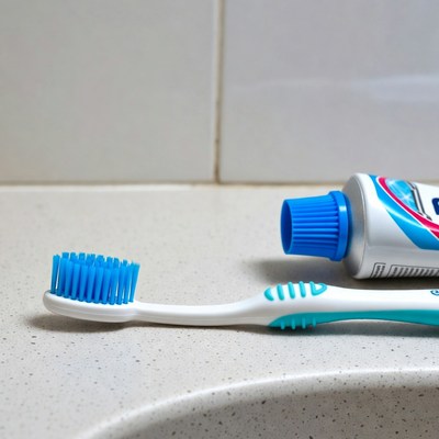 Toothbrush and toothpaste on bathroom sink