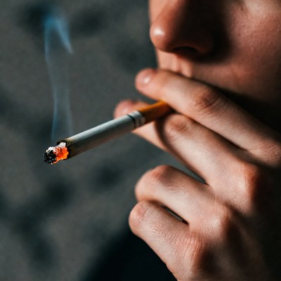 Smoking indoors with a cigarette at night