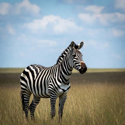 Zebra in tall grass under clear sky