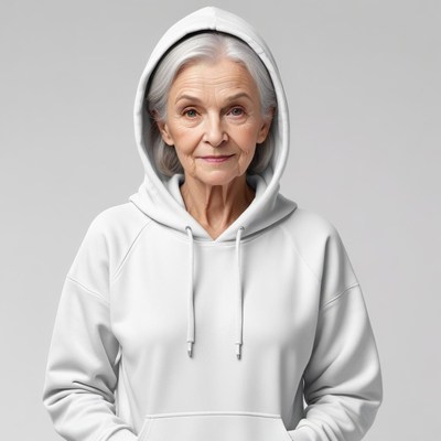 Elderly woman in white hoodie