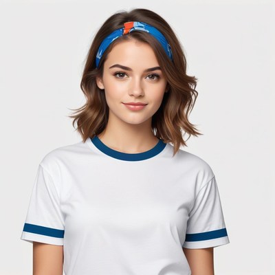 Young woman wearing headband and shirt