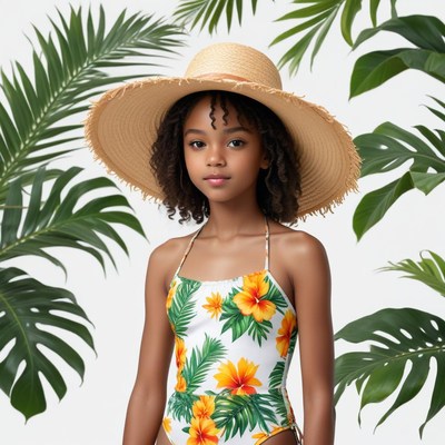 Child in tropical swimsuit with hat