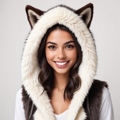 Woman in wolf hoodie smiles brightly