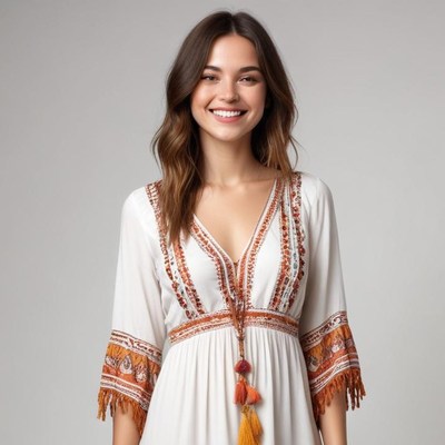 Bright and cheerful fashion model in white dress