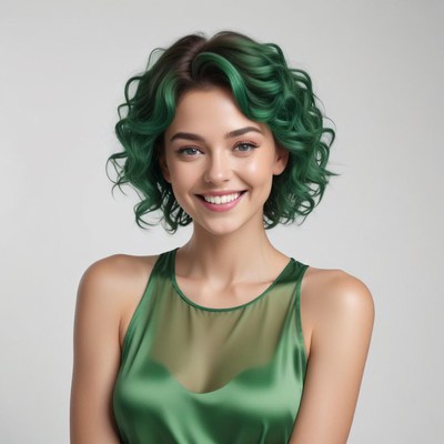 Smiling woman with green hair