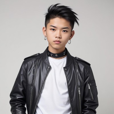 Stylish youth in black leather outfit