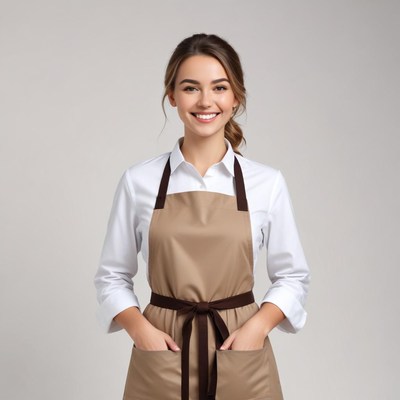 Young woman in a brown apron