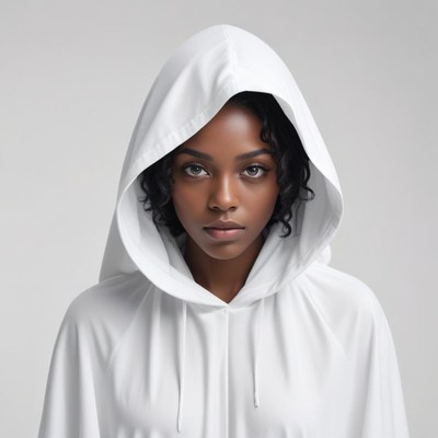 Woman in white hooded garment