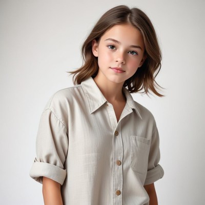 Young girl with soft expression in neutral attire