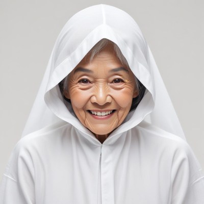 Smiling elderly woman in white hood