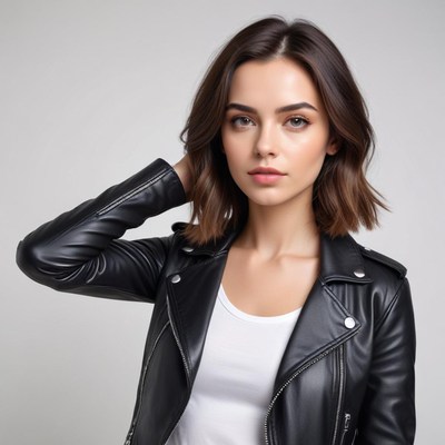 Confident woman in leather jacket