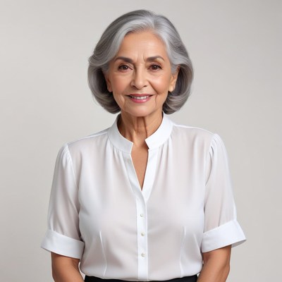 Smiling elder woman in simple blouse