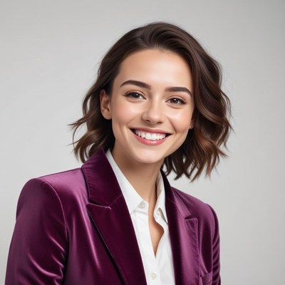 Smiling woman in purple suit