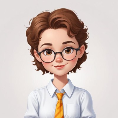 Young student with curly hair and glasses