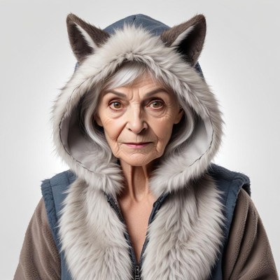Elderly woman in wolf hoodie