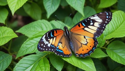 Colorful butterfly on green leaves