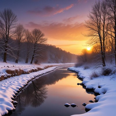 Snowy river at sunset in winter