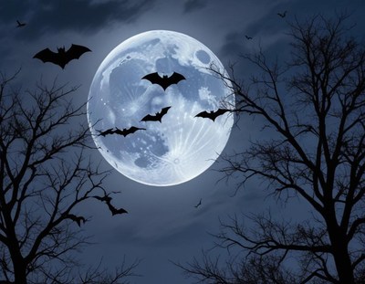 Bats flying under a full moon