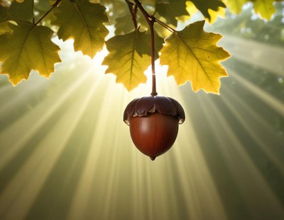 Acorn hanging from a tree branch