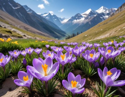 Vibrant flowers bloom in mountain valley
