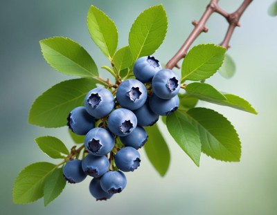 Fresh blueberries on green branch