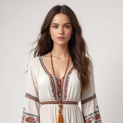 Woman in bohemian dress staring ahead
