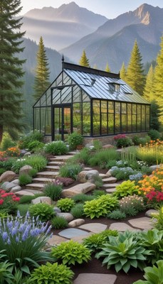 Serene greenhouse in mountain garden