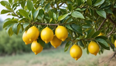 Fresh lemons hanging on a tree
