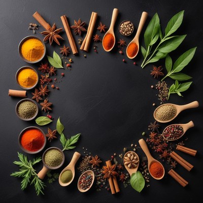 Colorful array of spices arranged artfully
