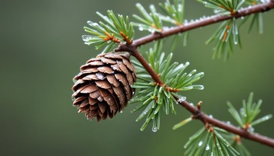 Pine cone on branch with raindrops