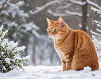 Orange cat in snowy landscape